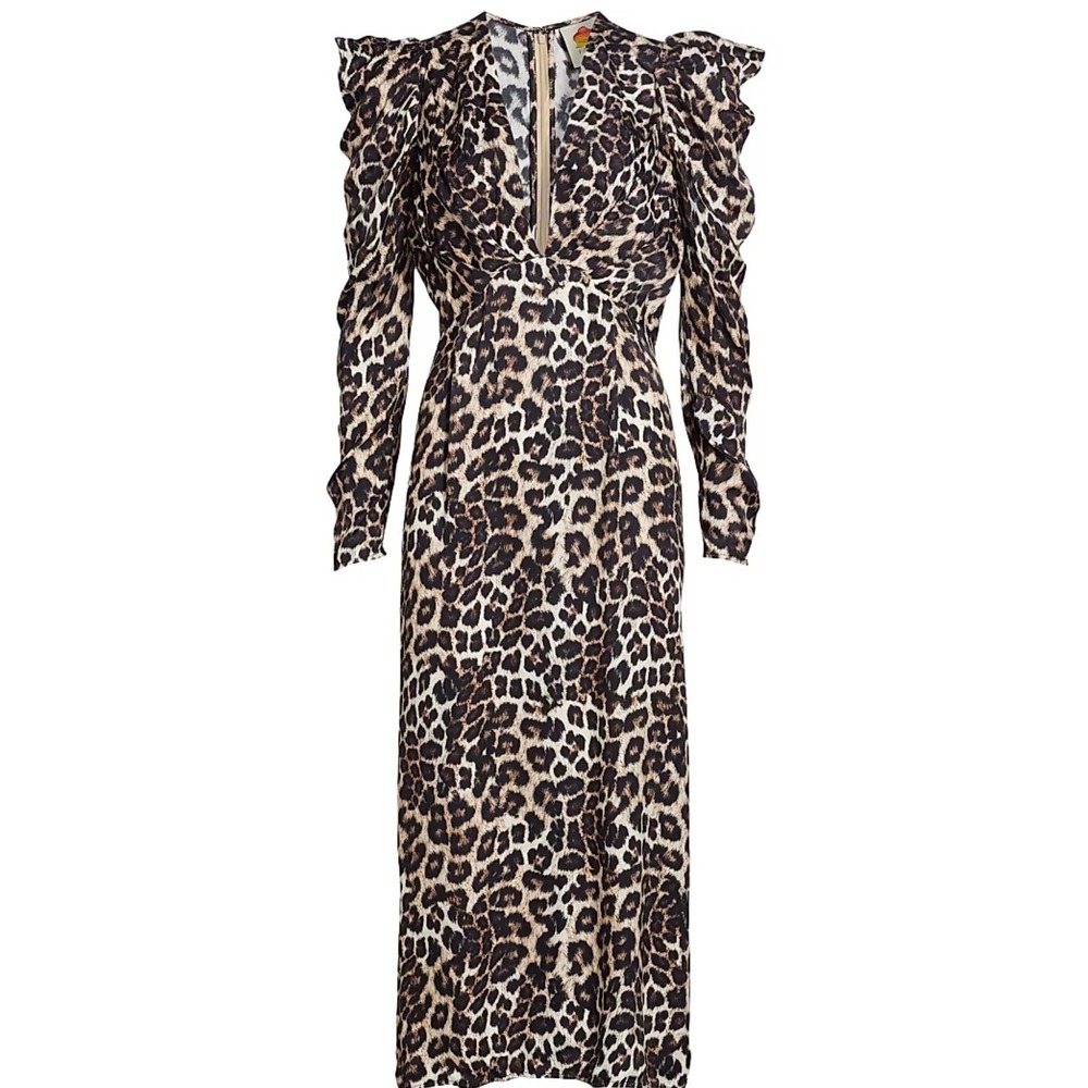 Farm Rio Leopard Print Midi Dress XS Drama Sleeve VNeck Brazilian Tropical‎ New